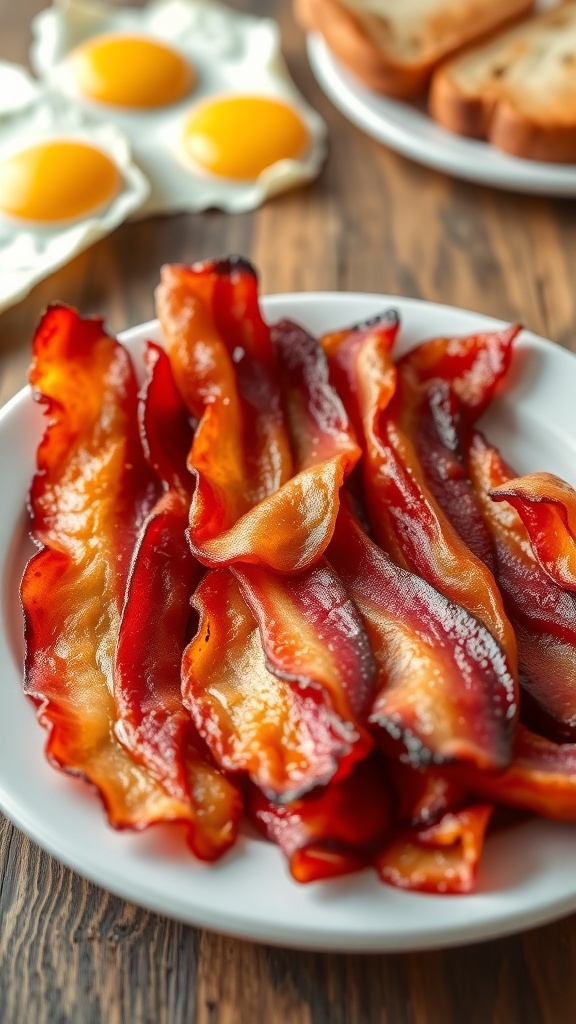 Crispy golden-brown bacon strips on a plate with eggs and toast.